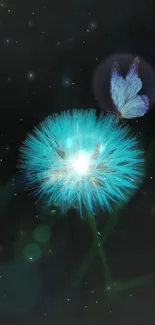 Luminous turquoise dandelion and butterfly in a serene nature wallpaper.