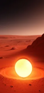 Mystical glowing sphere in a desert landscape at sunset.