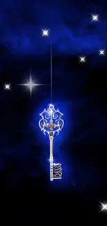 Mystical glowing key against vibrant blue background, perfect for mobile screens.