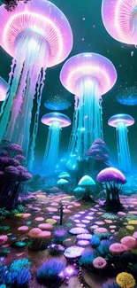 Wallpaper of glowing mushrooms in a mystical forest setting.