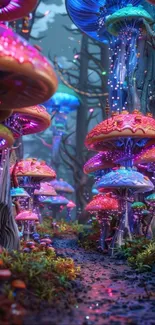 A mystical forest with glowing, colorful mushrooms.