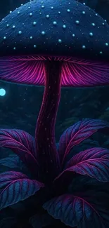 A mystical mushroom emits a soft, enchanting glow in a dark, fantasy-like forest.