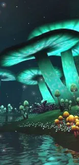 Fantasy wallpaper featuring glowing mushrooms in a mystical teal-lit forest scene.