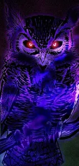 Dark and mystical owl with red eyes glowing in purple hues.