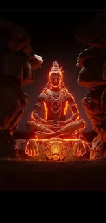 Glowing Shiva figure in dark rocky formation.