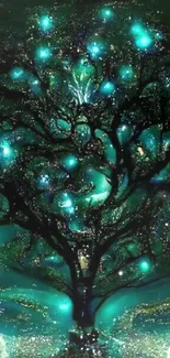 Mystical tree with glowing blue lights on a dark background.