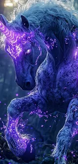 Glowing unicorn in a mystical forest scene.