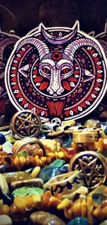 Mystical goat mandala with occult symbols and vibrant stones.