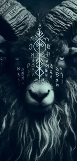 Mystical goat with runes on dark background.