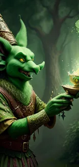 Goblin in a forest offering a magical potion with enchanting green light.