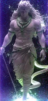 Mystical god in neon purple and green hues with cosmic background.