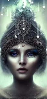 Mystical goddess digital art wallpaper in teal hues for mobile phone.