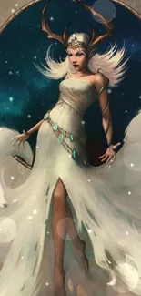 Mystical goddess with antlers and flowing gown in a fantasy setting.