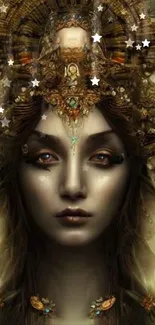 Mystical goddess with golden ornate headdress in fantasy art wallpaper.