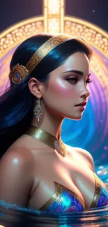 Digital art of a regal goddess with golden accessories in water.