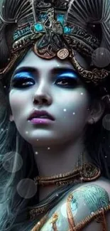 Mystical goddess with ornate headgear and teal background.