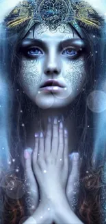 Mystical goddess artwork in dark blue hues for mobile wallpaper.