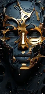 A mystical mask in gold and dark hues on a mobile wallpaper.