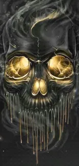 Mystical skull with glowing gold eyes on dark background.