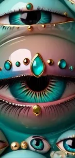 Artistic wallpaper with mystical eyes and turquoise accents.