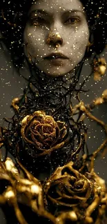 Mystical, surreal portrait with golden floral design.