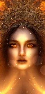 Mystical golden goddess with radiant aura and fiery background on mobile wallpaper.