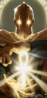 Illustration of a mystical hero in golden light holding a glowing symbol.