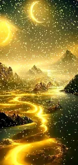 Mystical landscape with golden celestial elements.