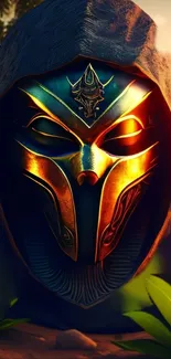 Mystical golden mask with vibrant colors and hood.