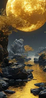 Mystical landscape with golden moon over a river.