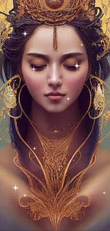 Mystical woman with golden art and intricate design as wallpaper.