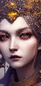 Mystical portrait with golden accents and sparkles, ideal for mobile wallpaper.