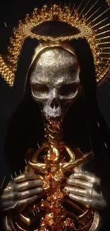 Golden skeleton with mystical accents on black background.