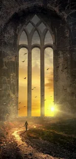 A mystical sunset scene with a glowing path through an ancient archway and flying birds.