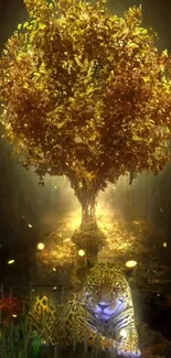 Mystical golden tree and leopard in a fantasy setting.