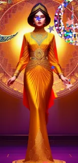 Golden-robed woman with ornate celestial background in fantasy art style.