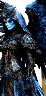 Gothic angel with blue wings and intricate armor design.