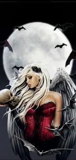 Gothic angel with black wings holding a skull in front of a full moon.