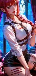 Gothic anime character with red hair in a mystical setting.