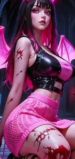 Gothic anime character with pink wings in a mystical setting.