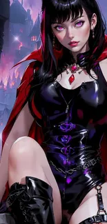 Gothic anime character with violet eyes and vibrant red cape.