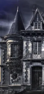 Gothic style house against a dark sky with vintage charm.