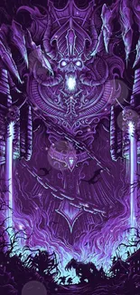 Intricate gothic wallpaper with neon purple skull design.