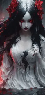 Gothic figure with red accents in dark fantasy art wallpaper.