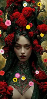 Enigmatic figure with red roses in rich gothic style.