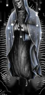 Gothic cloaked skeletal figure with stars in dark theme.