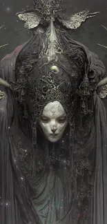 Mystical gothic art wallpaper with dark tones and an antler-adorned figure.