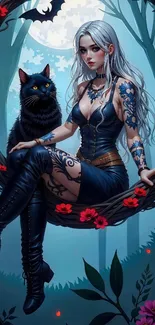 Gothic tattooed woman with cat in enchanted forest.