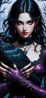 Gothic woman with raven in purple attire.