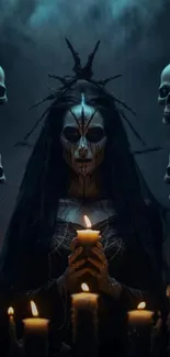 Mysterious gothic figure surrounded by candles and skulls.